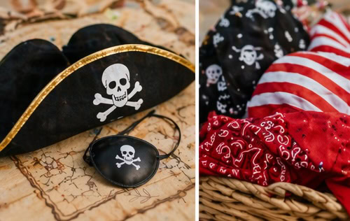Pirate sleep masks and bandanas with skull and crossbones designs.