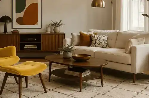 Stylish mid-century modern living room with yellow armchair and white sofa.