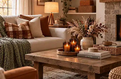 Warm living room with candles, pillows, and autumn accents.