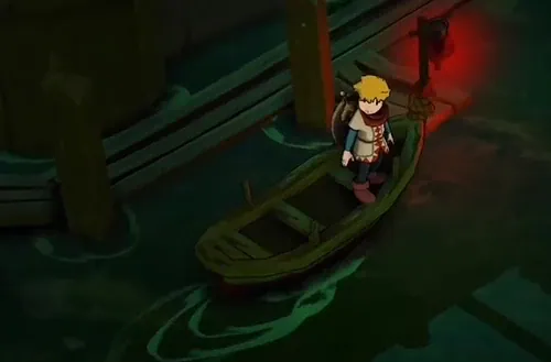 Character in boat at night with lantern in a dark water setting.