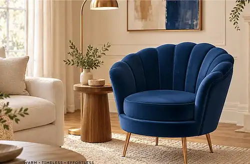 Elegant blue shell-shaped accent chair in a cozy living room setting.