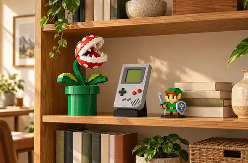 Decorative Nintendo collectibles including a pixelated plant, Game Boy clock, and Link figurine.