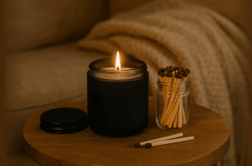 Cozy candle in a black jar with matches on a wooden table, perfect for self-care and gifting.