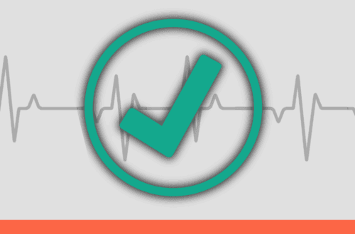 A green check mark inside a circle appears over a gray heartbeat line on a light background, with a red stripe along the bottom.
