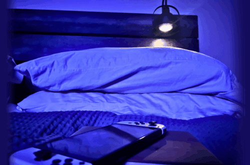 Comfortable gaming setup with pillows and remote in a dimly lit room.