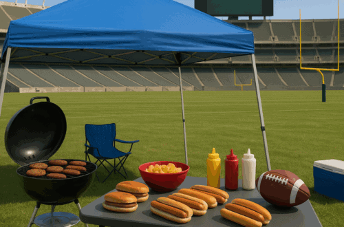 Tailgating setup with grill, hot dogs, snacks, and football on stadium field.