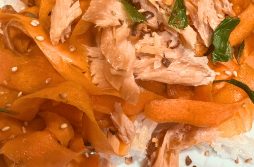 Healthy carrot ribbon salad with honey and shredded chicken. Fresh, colorful, and perfect for a ligh.