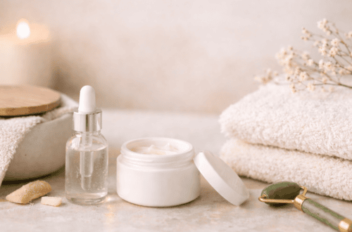 Relaxing skincare and stress relief routine setup with towels, serum, and facial roller.
