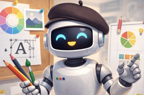 Friendly robot with headphones holding colored pencils, collaborating on design feedback.