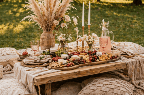 Elegant boho picnic table with food, candles, and floral decor in outdoor setting.