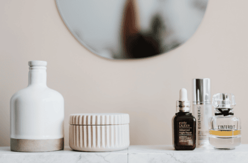 Skincare products on a bathroom counter, including serums and creams, ideal for FSA spending.