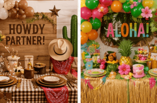 Party table with food, themed decor, and cozy setup for celebrations.