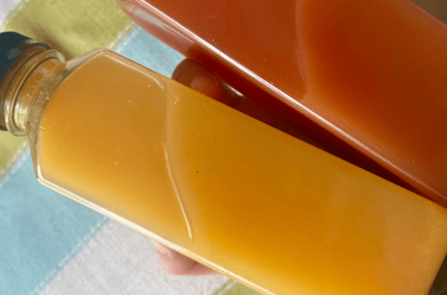 Glass bottle of fresh orange juice with a brown tray in the background.