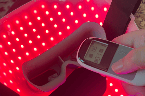 LED light therapy device with remote control for skin treatment.