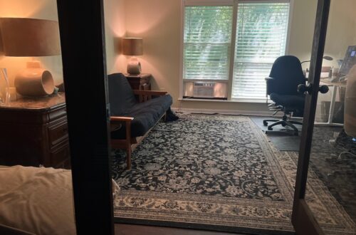Cozy home office with a black desk, office chair, and window view.
