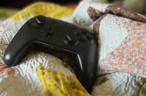Nintendo Pro Controller resting on a colorful quilt bed.