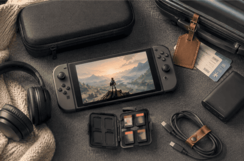 Portable gaming console with accessories and travel essentials.