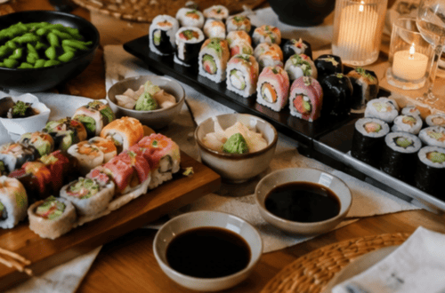 Variety of sushi rolls with soy sauce and wasabi on a wooden table.