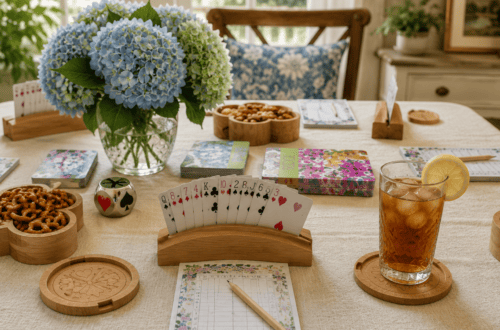 Indoor game night with cards, snacks, and a refreshing drink on a wooden table.