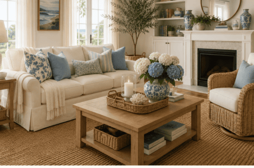Elegant coastal living room with neutral tones and blue accents.