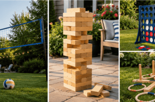 Outdoor yard games setup with volleyball, giant Jenga, and ring toss for parties.