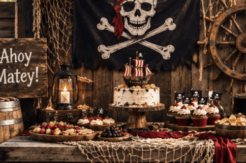 Pirate-themed dessert table with cake, cupcakes, and decorations for a party.