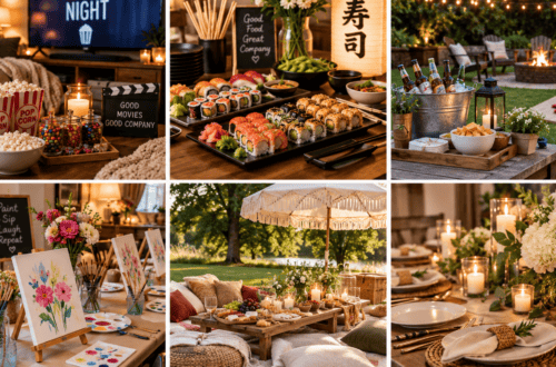 Beautiful outdoor and indoor party setups with food, decor, and lighting.