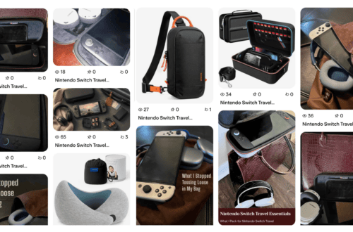 Collection of travel accessories including Nintendo Switch cases, backpacks, and tech gadgets.