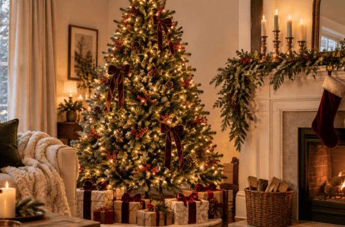 Festive Christmas tree with warm lighting and elegant decorations.