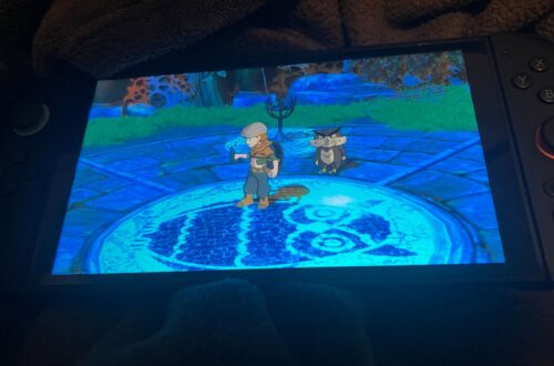 Person playing a colorful fantasy game on Nintendo Switch OLED.