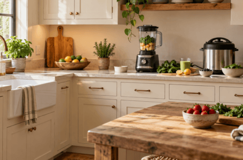 Bright kitchen with white cabinets, wooden island, and fresh fruits and vegetables.