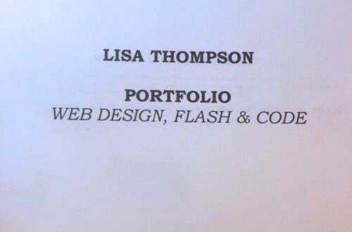 Portfolio cover page for Lisa Thompson showcasing web design, flash, and coding skills.