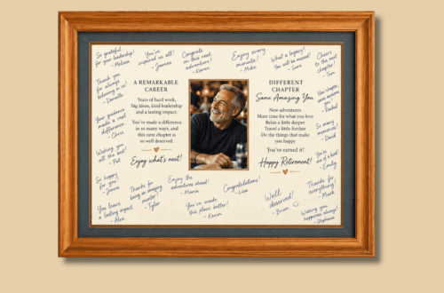 Framed retirement message with handwritten notes and photo.
