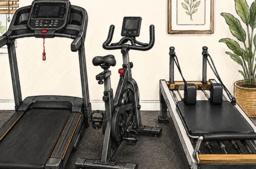 Treadmill, exercise bike, and weight bench in a home gym.
