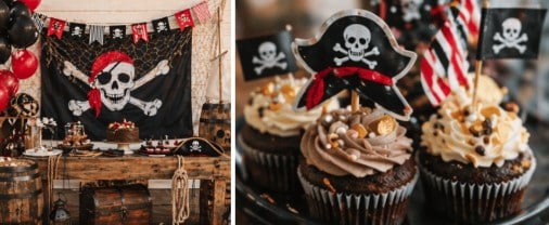 Halloween-themed party setup with skull and crossbones decorations and cupcakes.