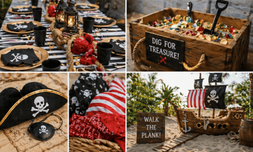 Colorful pirate-themed party table with skull and crossbones decorations.