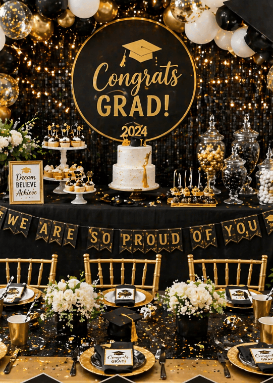 Graduation party table with black, gold, and white decorations, including a "Congrats Grad!" sign, f.