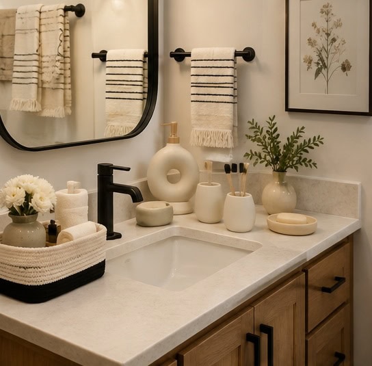 Bathroom vanity with black faucet, towels, and decorative items.