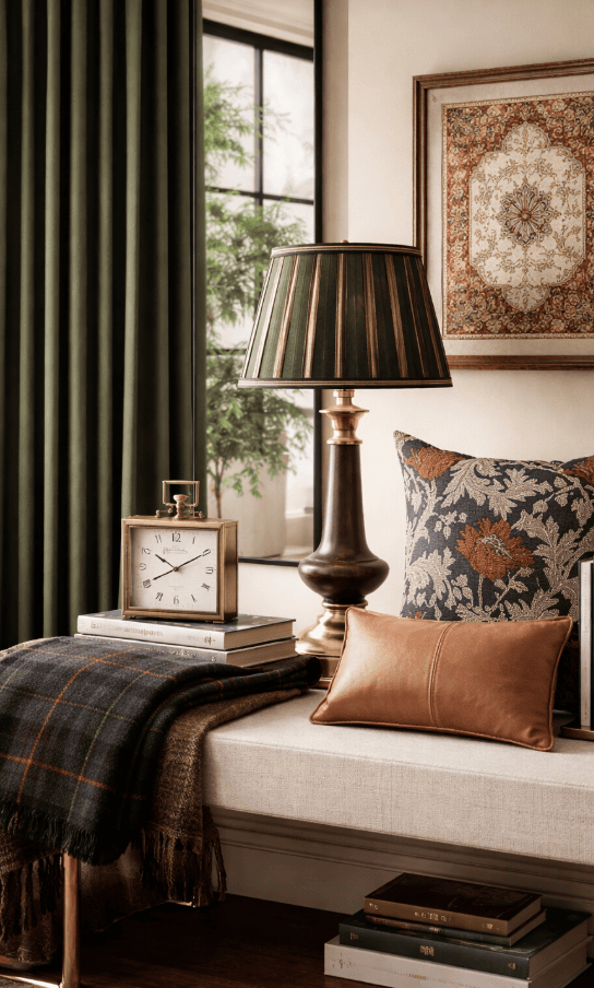 Stylish living room corner with lamp, pillows, and framed artwork.