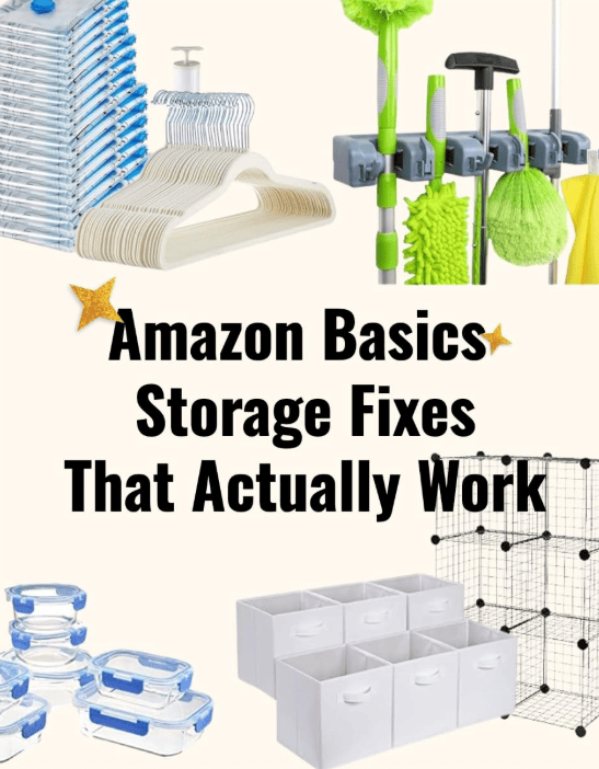 Efficient Amazon Basics storage fixes including bins, hooks, and organizers for home organization.