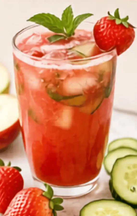 Strawberry cucumber drink with mint in a glass, fresh ingredients around.