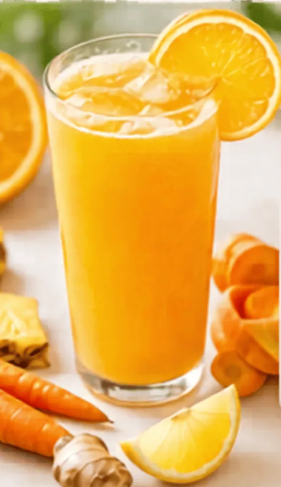 Glass of orange juice with lemon slices and fresh oranges around it.