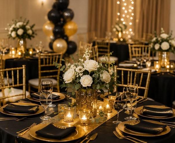 Elegant banquet table setup with black and gold decor and floral centerpiece.