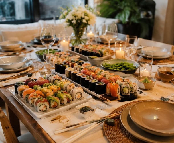 Assorted sushi rolls and sashimi on a beautifully set dinner table.
