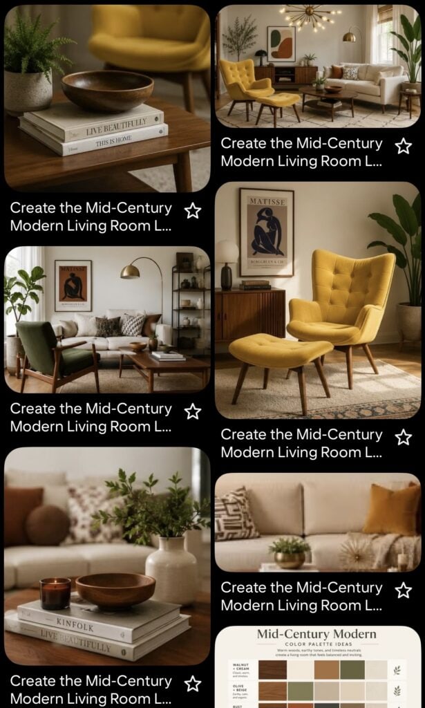 Mid-century modern living room with yellow armchair and stylish decor.