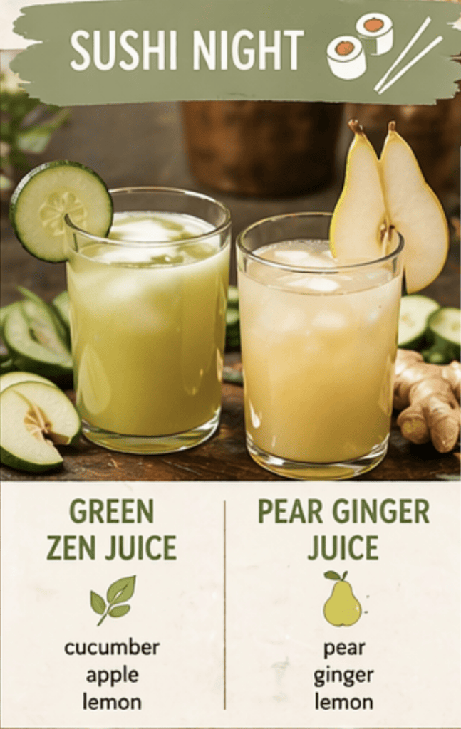 Refreshing green and pear ginger juices with cucumber, apple, pear, and lemon for party drinks.
