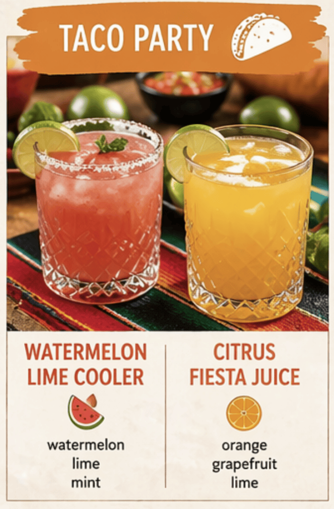Refreshing watermelon lime cooler and citrus fiesta juice for taco party drinks.