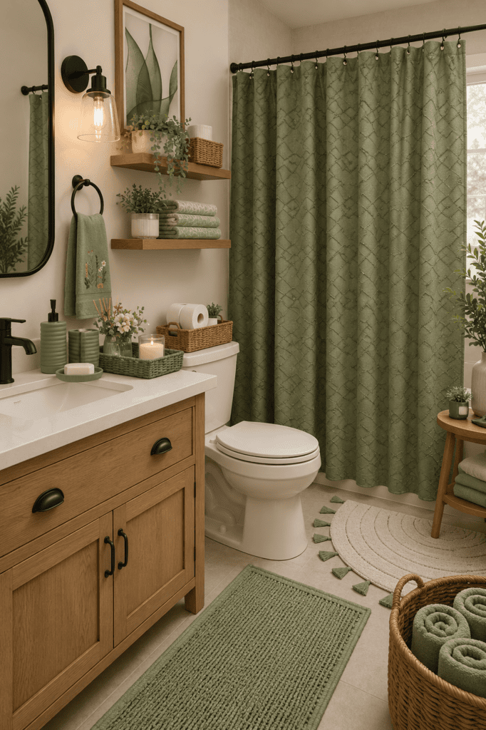 Bathroom with green curtains, towels, and decor for a fresh look.