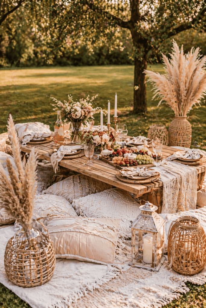 Elegant boho picnic table with floral arrangements, candles, and cozy cushions outdoors.