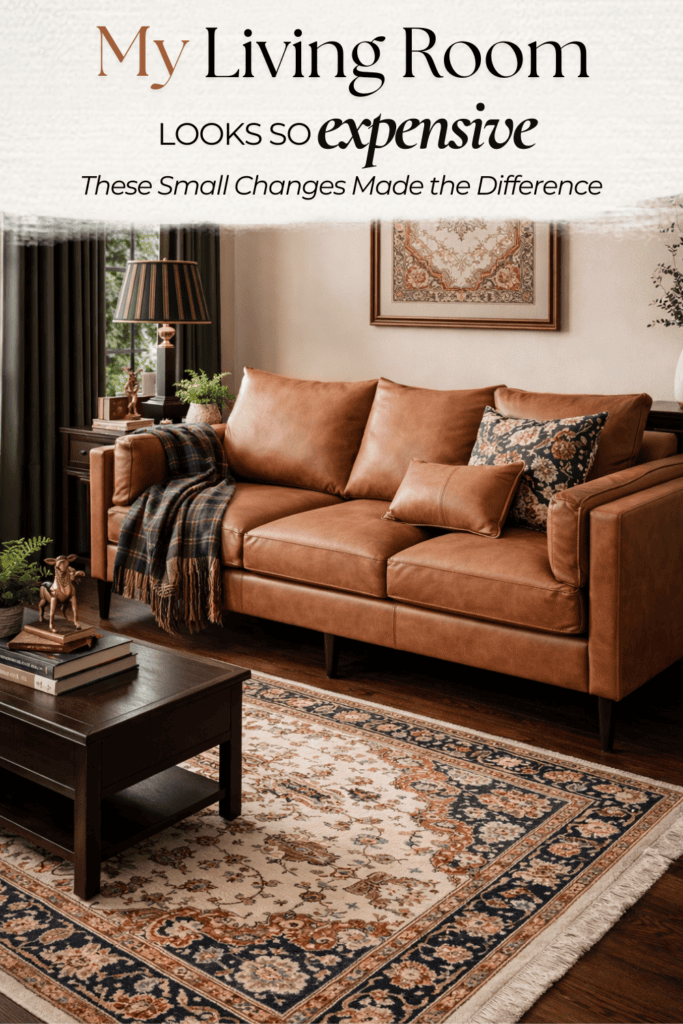 Stylish living room with a leather sofa, patterned pillows, and warm lighting.
